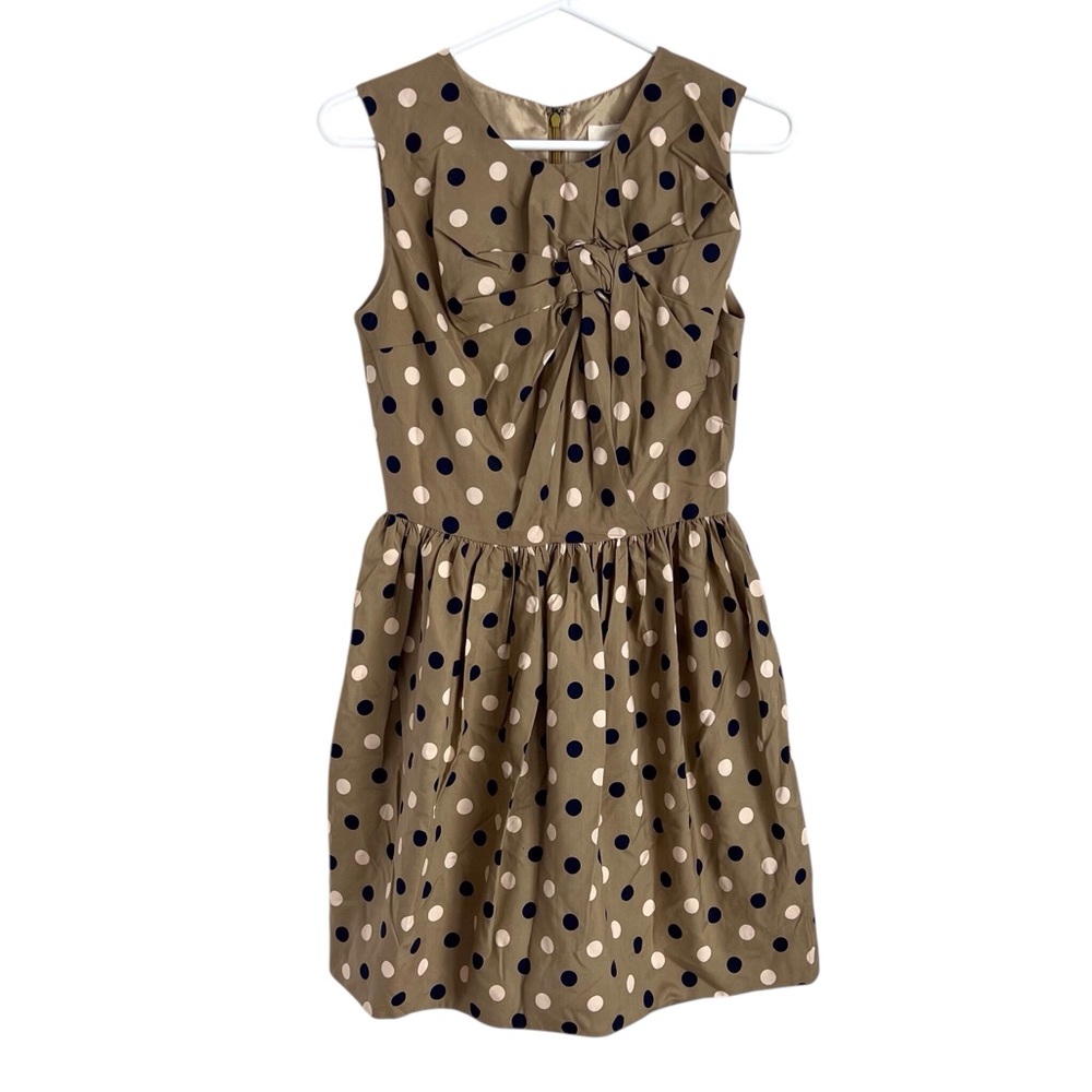 Whit Silk Polka Dot Dress Tan Navy Twist Bow Front Retro Twee Preppy Party Sz 0